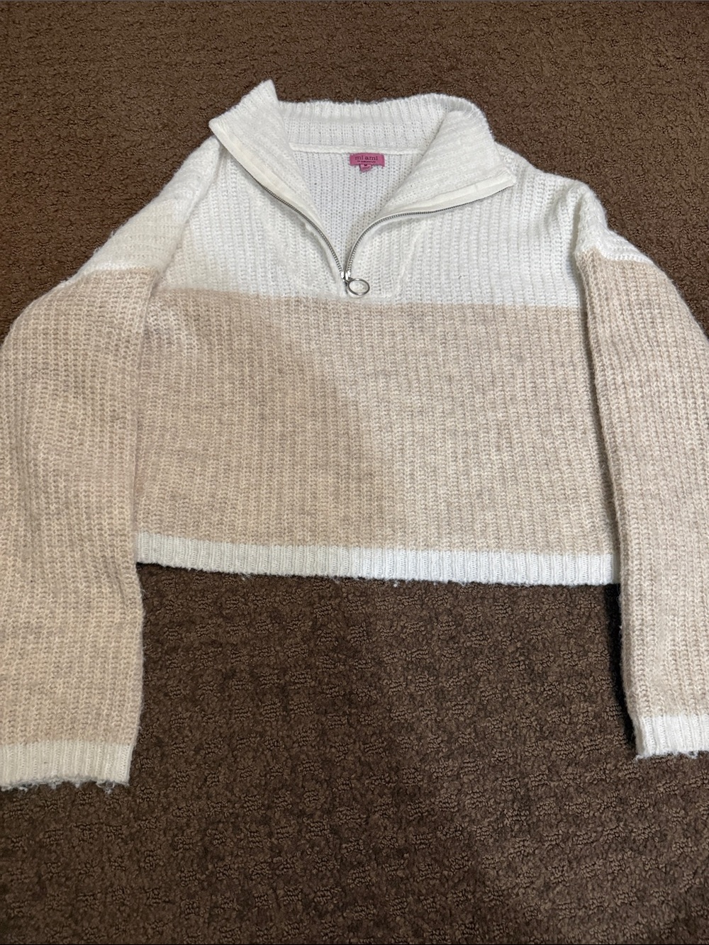 Cozy Two-Tone Half-Zip Women's Sweater - White & Beige